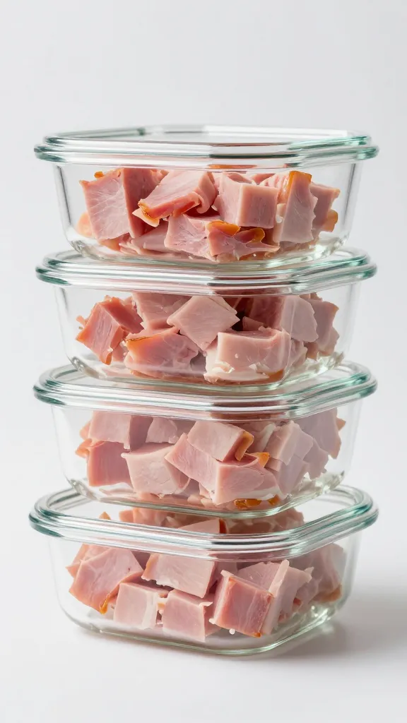 Diced leftover ham in glass meal-prep containers