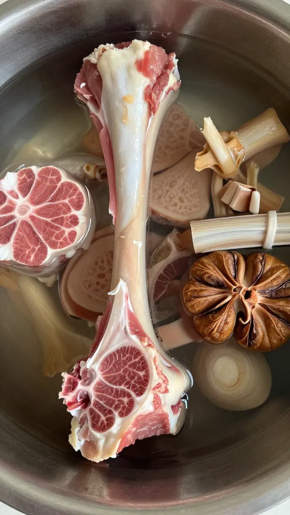 Ham bone and aromatics ready for soup stock