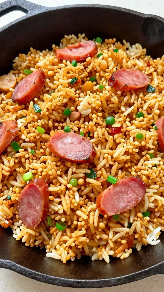 Crispy ham fried rice in cast-iron skillet