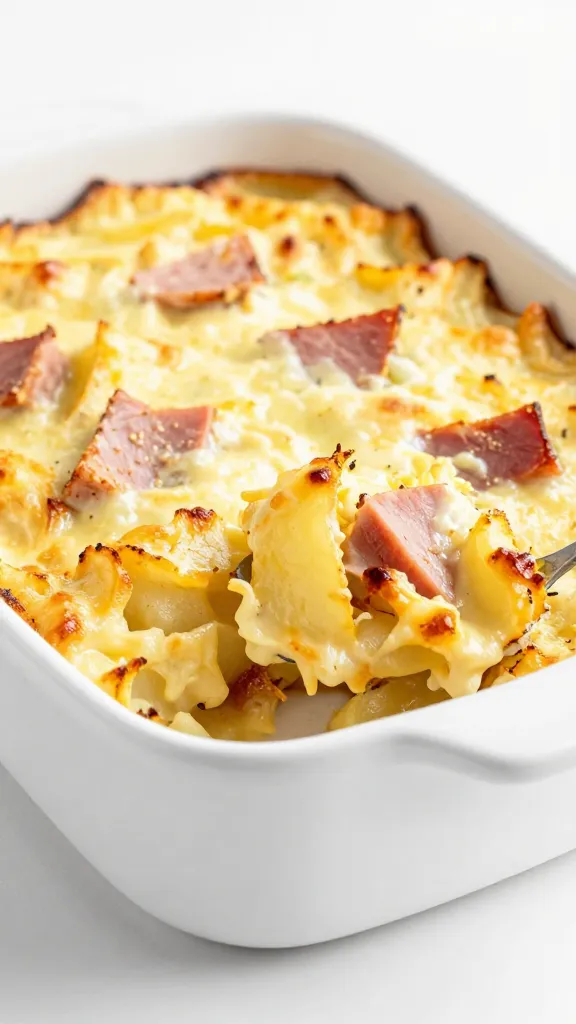 Cheesy ham and potato bake in white casserole