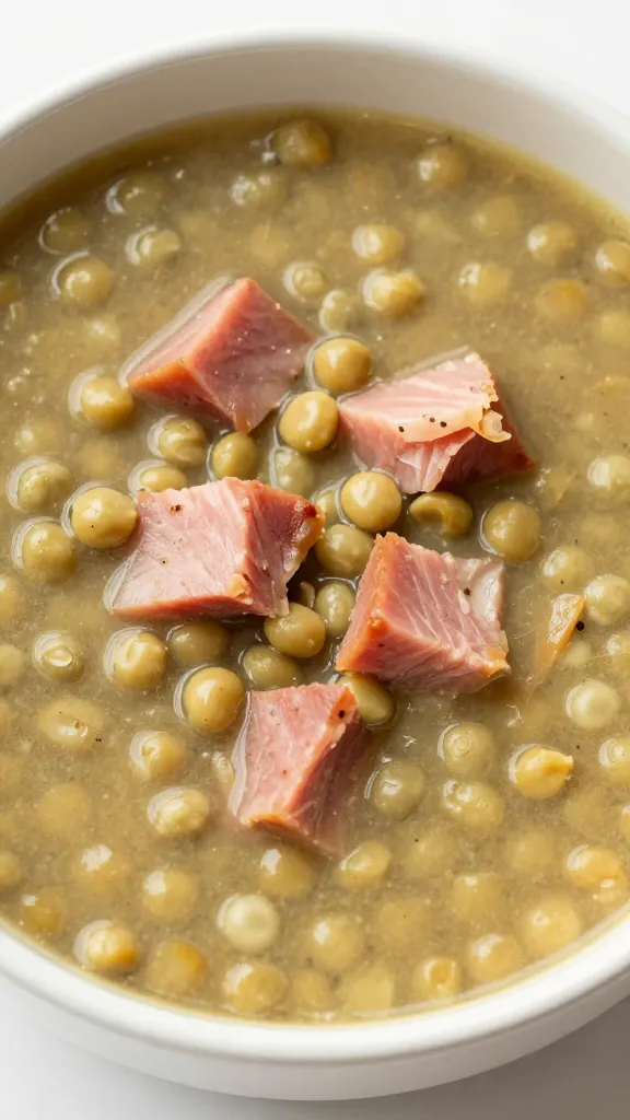 Split pea soup with ham chunks in ceramic bowl