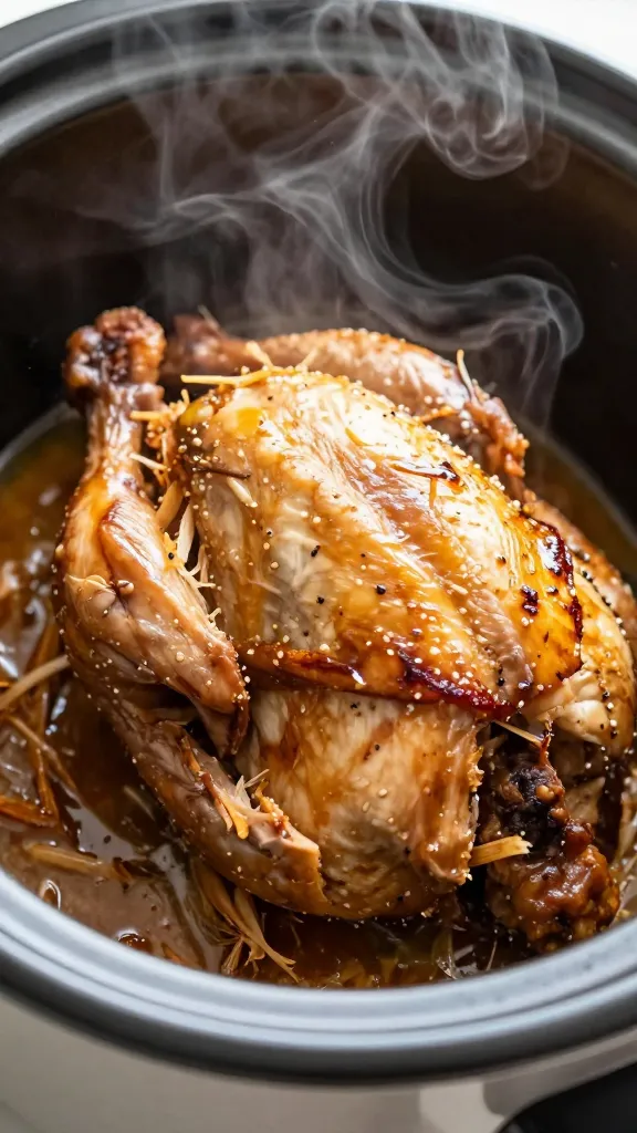 shredded rotisserie chicken in crockpot, steam rising