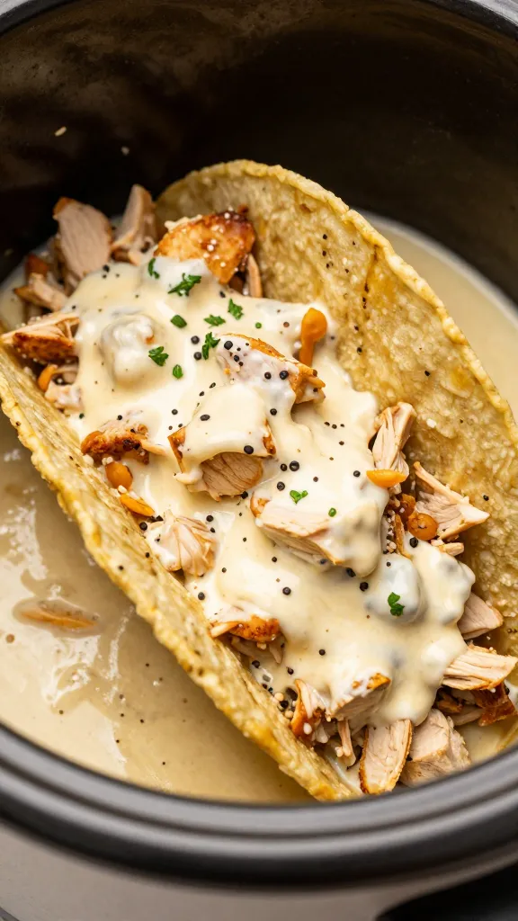 creamy chicken taco filling in slow cooker, close-up