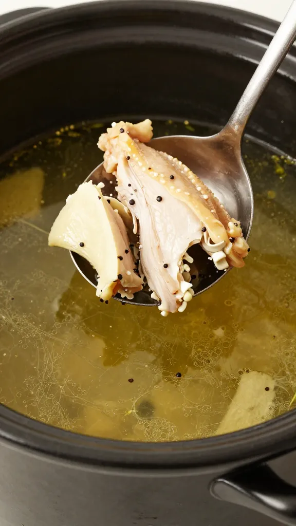ladle scooping rotisserie chicken soup from crockpot