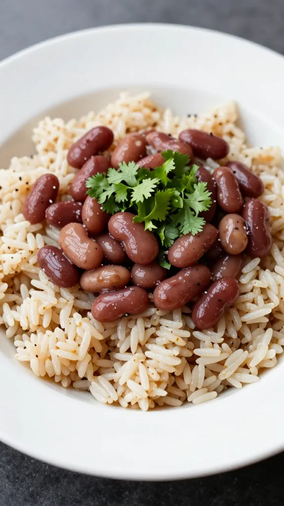 rice and beans bowl with cilantro on white plate