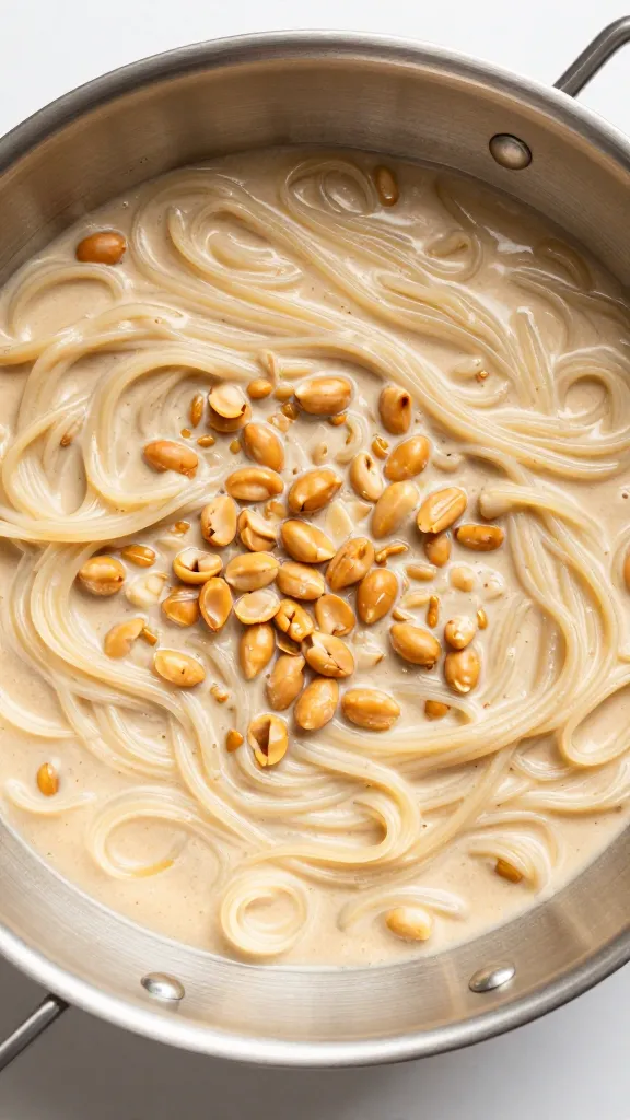 creamy peanut noodles in stainless steel skillet