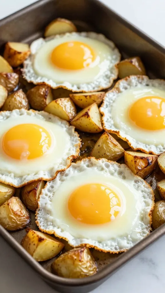 sheet pan roasted potatoes and eggs, natural light