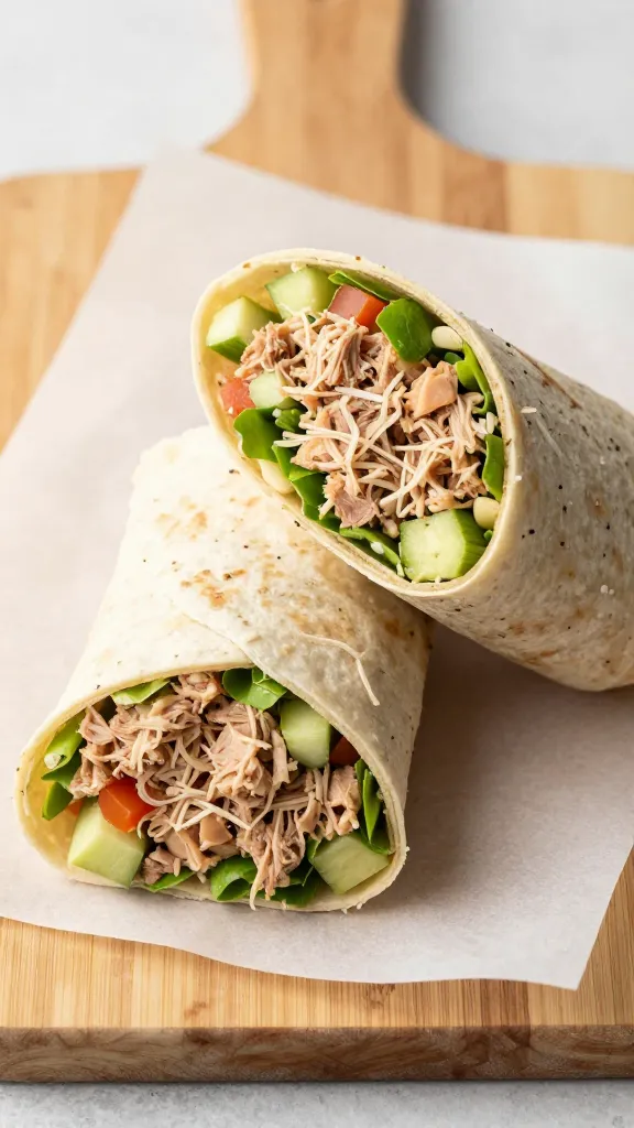 tuna salad wraps on cutting board, parchment paper