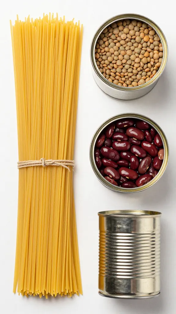 pantry staples flat lay: pasta, lentils, canned beans