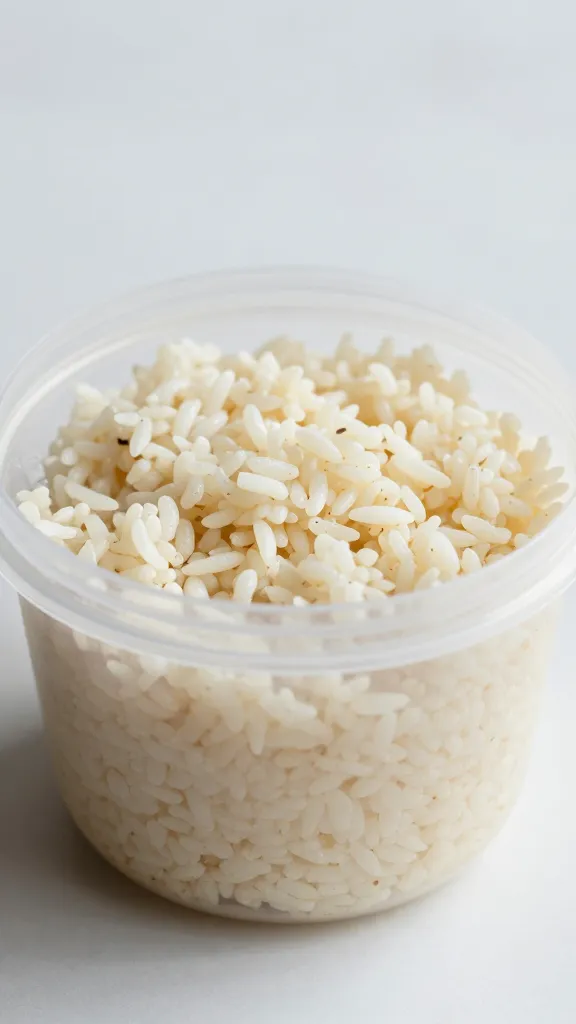 chilled leftover rice in shallow labeled container