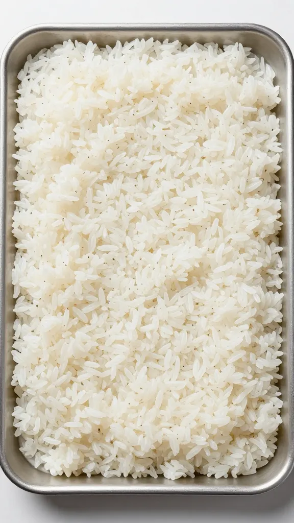 cold rice spread on sheet tray cooling