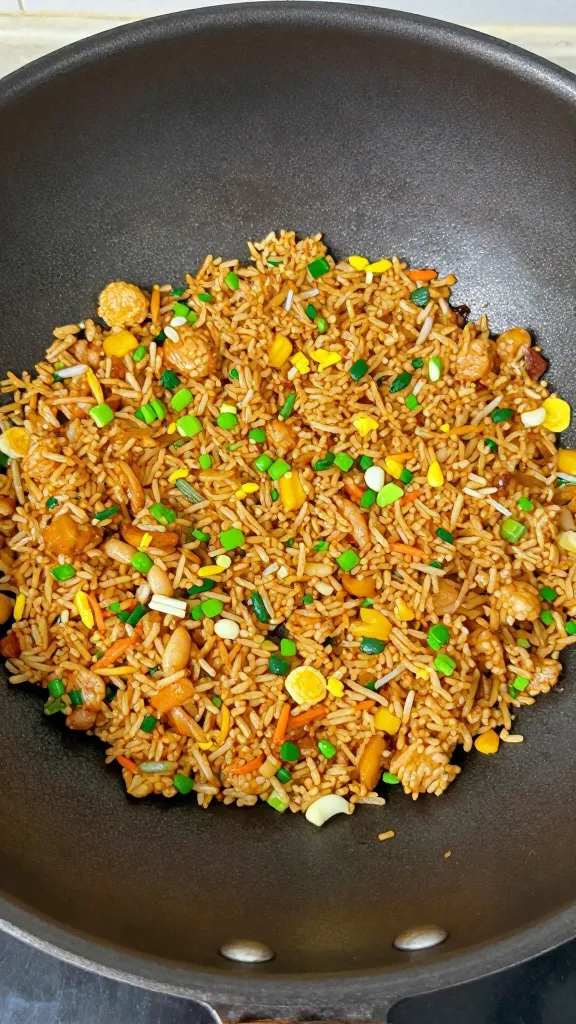 sizzling fried rice in carbon steel wok