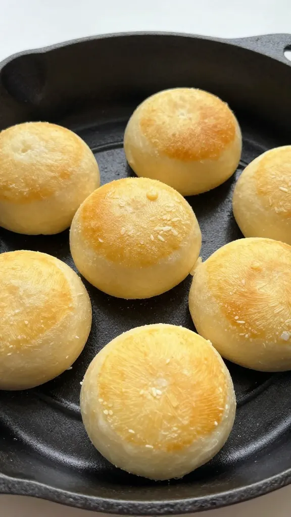 golden rice cakes on cast iron skillet