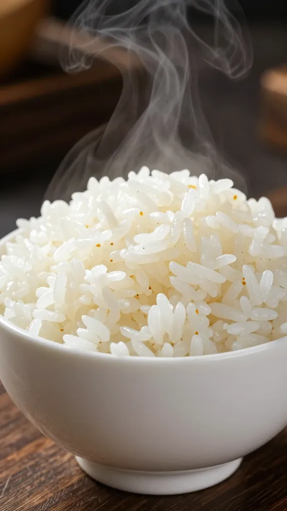 steaming reheated rice in white ceramic bowl