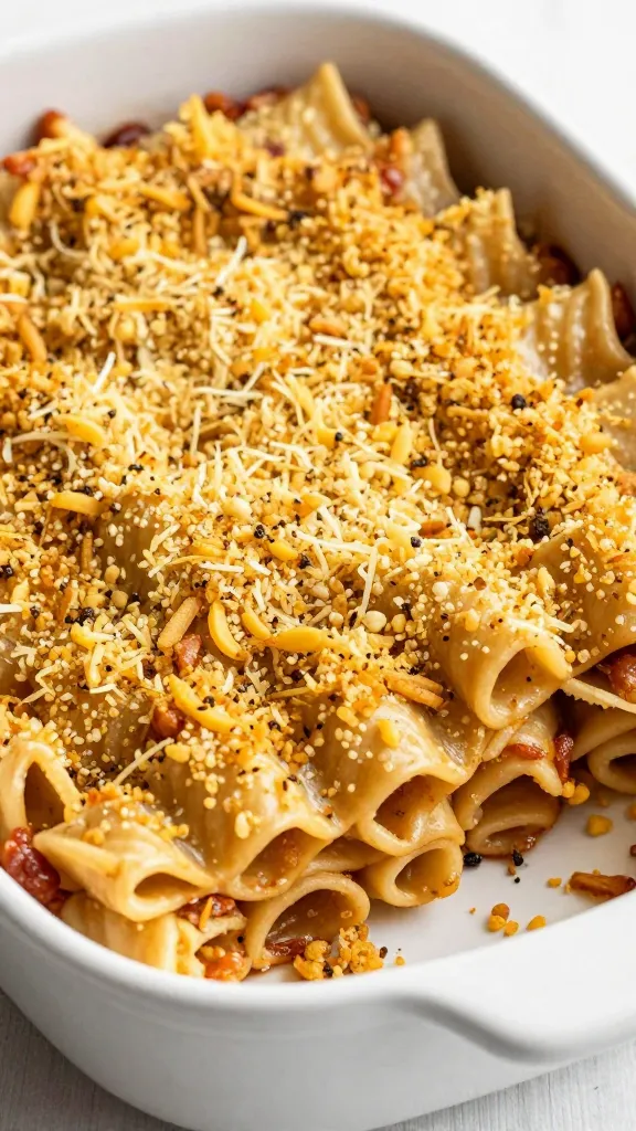 Turkey tetrazzini in white casserole, golden breadcrumb topping