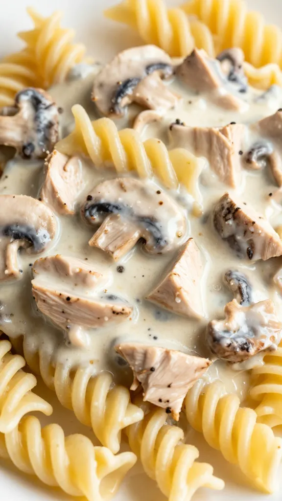 Twirly pasta with turkey and mushrooms, creamy sauce close-up