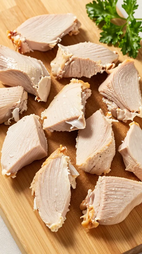 Leftover turkey chunks on cutting board, parsley garnish