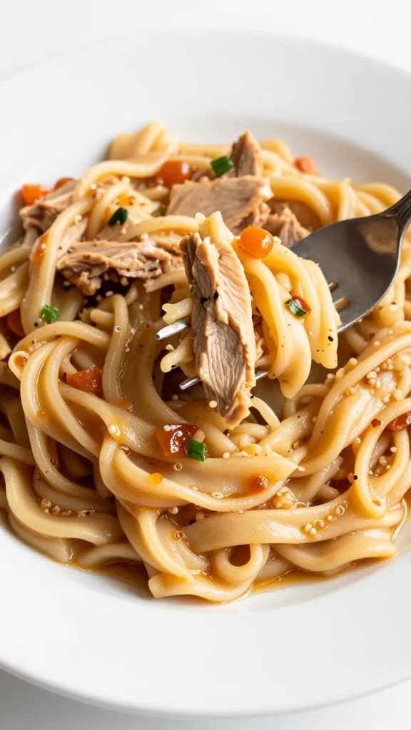 Portion of turkey tetrazzini on white plate, fork twirl