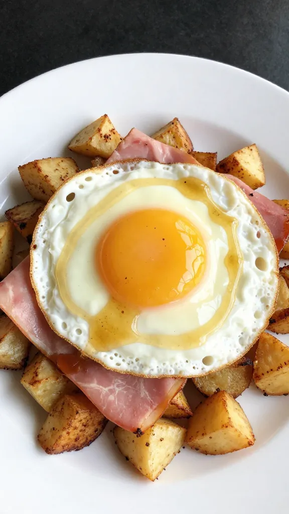 Fried egg atop ham and potato hash, hot honey drizzle