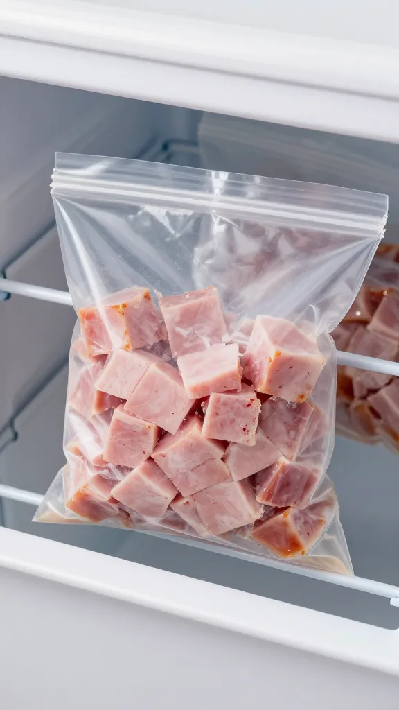 Frozen bag of diced ham in freezer drawer