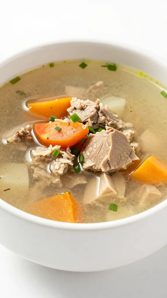 Ham and veggie soup in white ceramic bowl