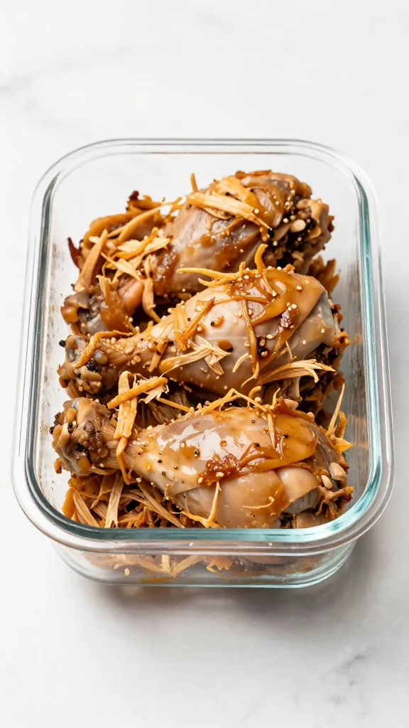 shredded leftover chicken legs in glass container on marble