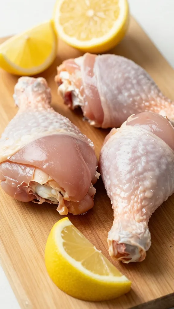 chopped chicken leg meat with lemon wedges on cutting board