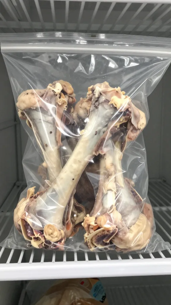 chicken bones reserved for stock in clear bag, freezer shelf