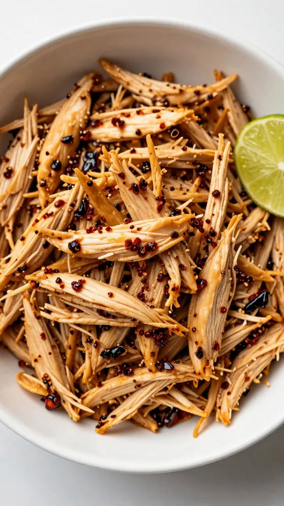 shredded chicken tossed with chili crisp and lime in bowl