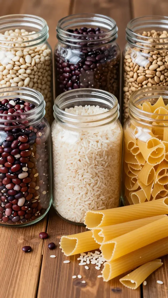 Budget-friendly pantry staples: beans, rice, pasta on wood