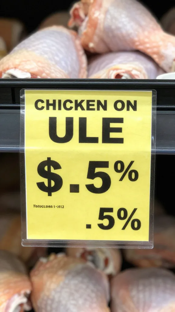 Chicken thighs on sale sticker, grocery shelf close-up