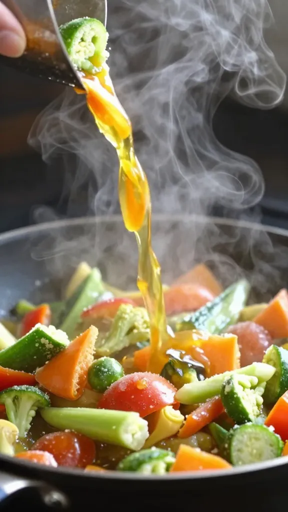Frozen mixed veggies poured into skillet, steam rising