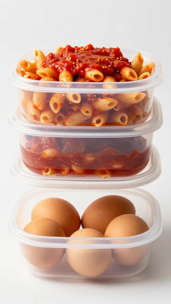 Meal prep containers: pasta with tomato sauce, eggs side
