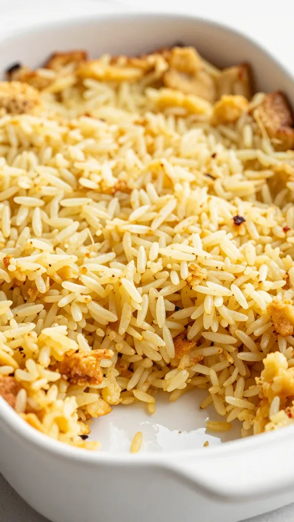 golden-topped leftover rice casserole in white ceramic dish