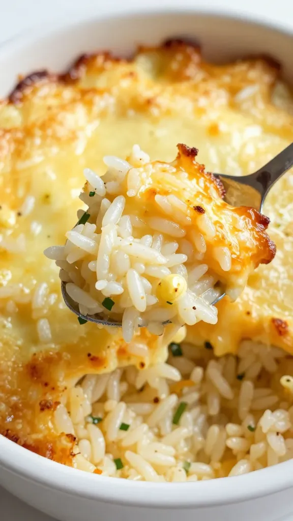 spoon scooping cheesy leftover rice bake, bubbling edges