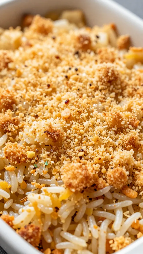 close-up crispy panko crust on leftover rice casserole