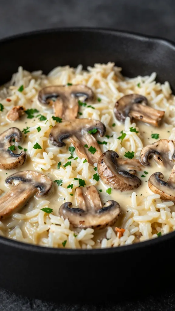 creamy mushroom chicken rice casserole, parsley garnish, moody lighting