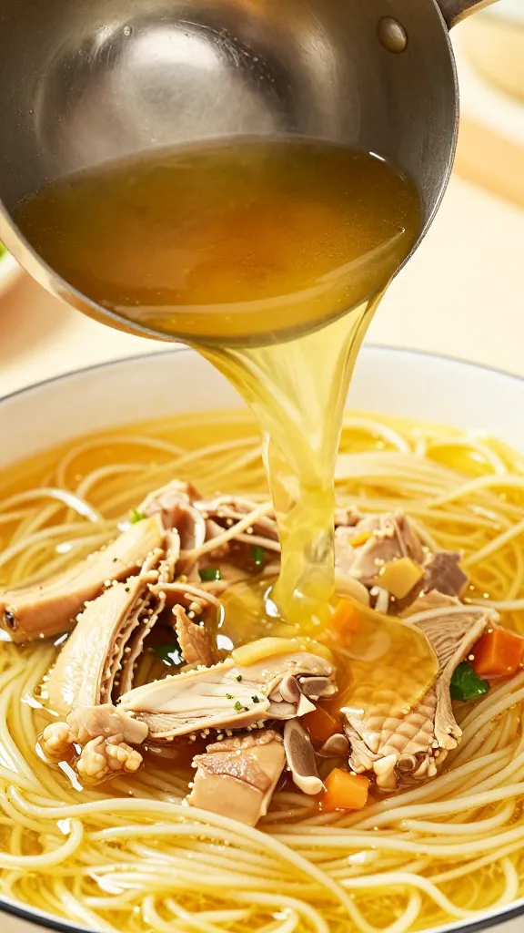ladle pouring golden broth over noodles and turkey