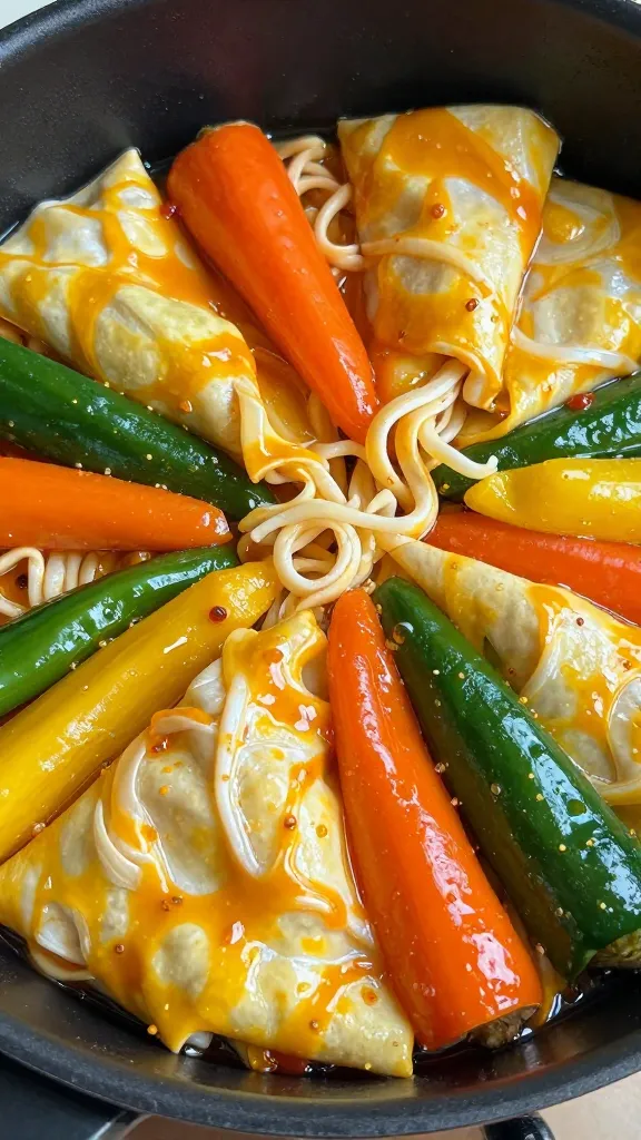 colorful veggies folded into turkey noodle pot, glossy finish