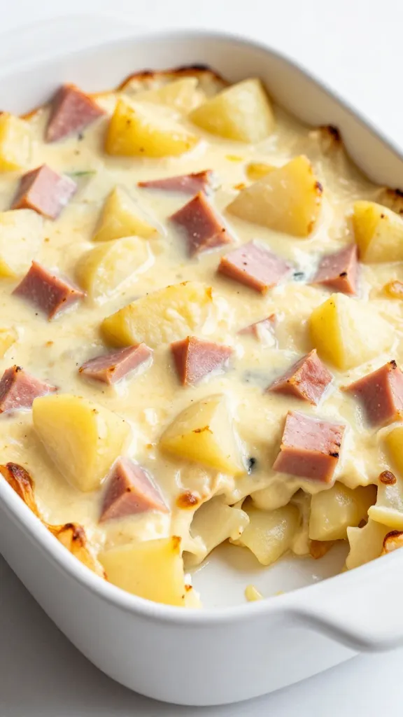 Creamy ham and potato casserole in white baking dish