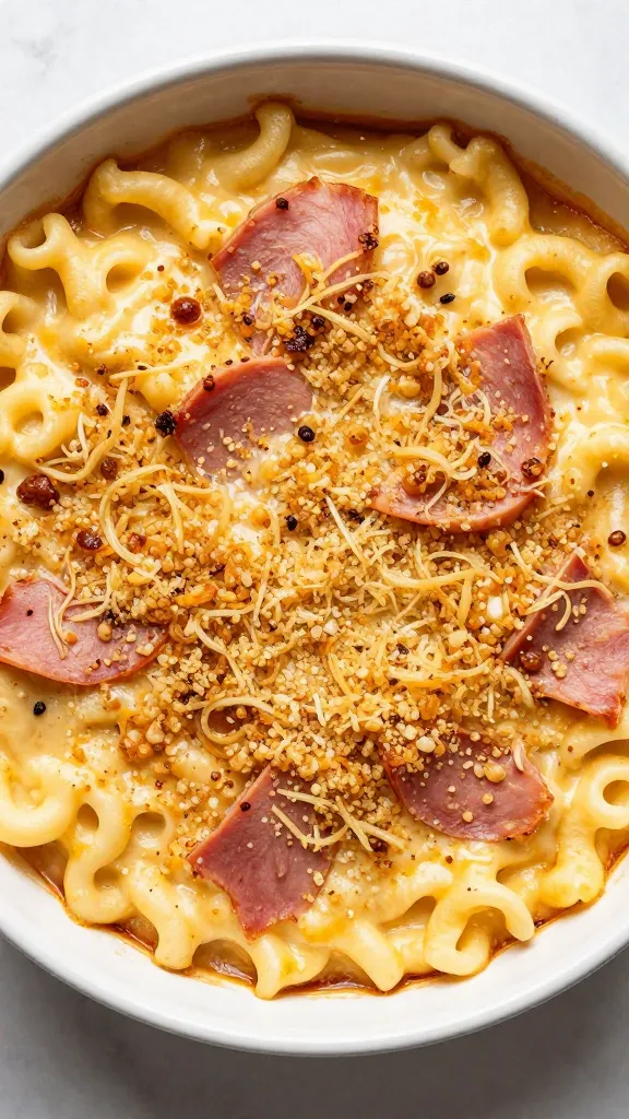 Cheesy ham noodle bake with breadcrumb topping, overhead shot