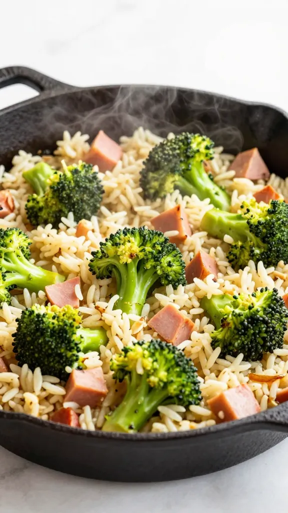 Broccoli ham rice casserole in cast-iron skillet, steam rising