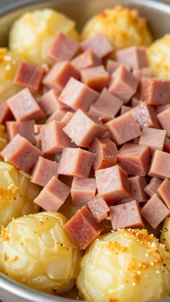 Diced ham and scalloped potatoes, golden crust, close-up