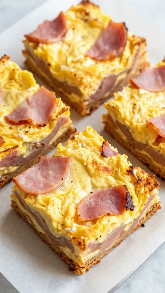 Breakfast ham egg casserole squares on parchment, natural light
