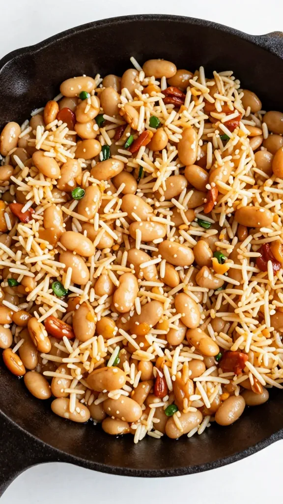 beans and rice in cast-iron skillet, overhead