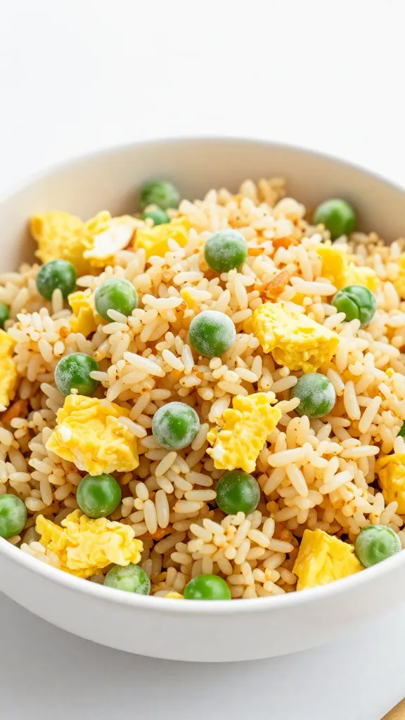 egg fried rice with frozen peas, white bowl