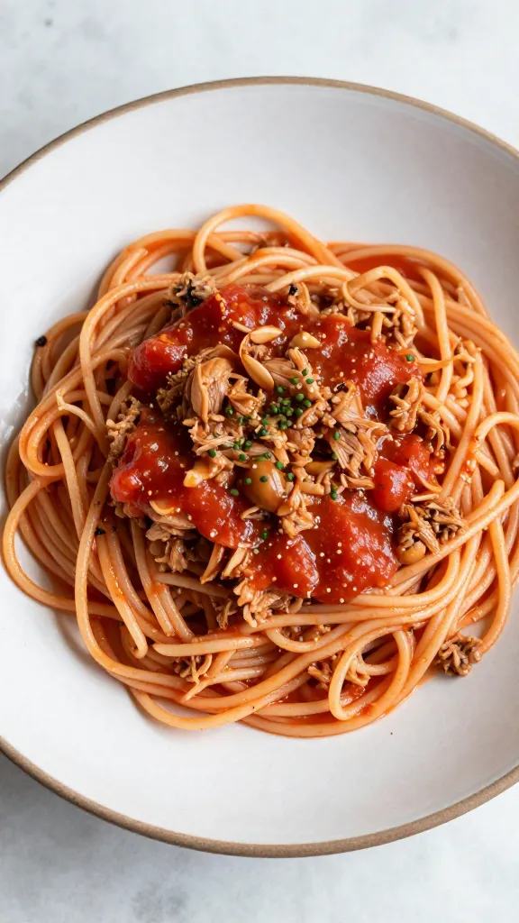 tuna pasta with tomato paste sauce, rustic plate