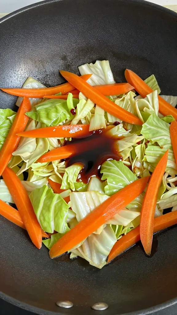 cabbage and carrot stir-fry with soy sauce, wok