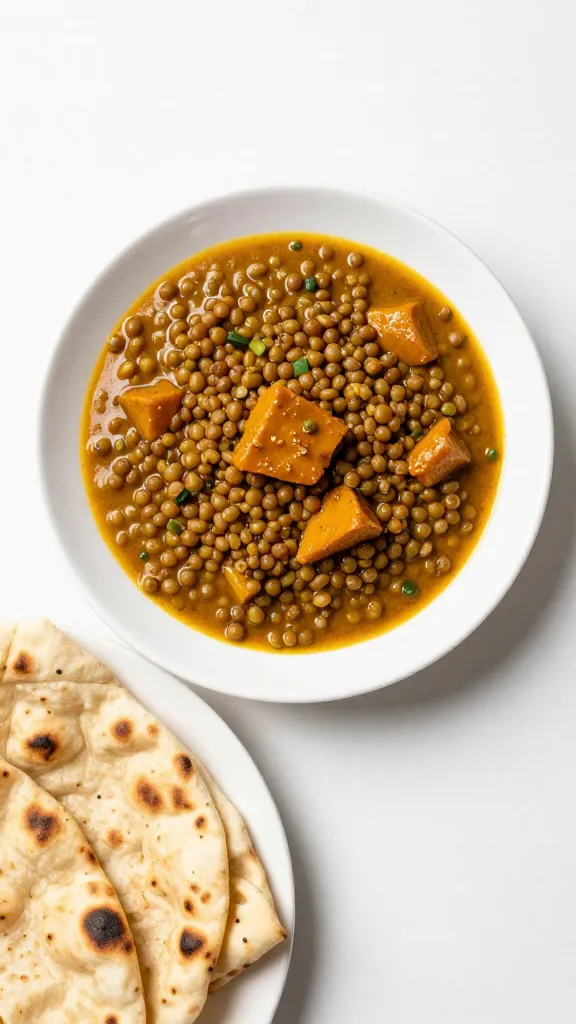 lentil curry with naan, minimal tabletop shot