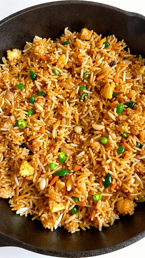 Crispy leftover fried rice in cast-iron skillet